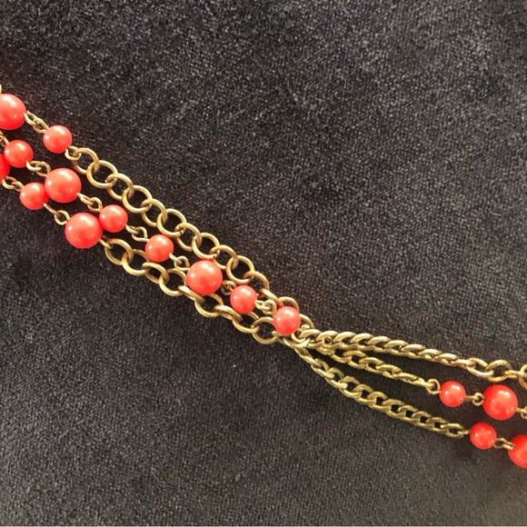 J CREW Long 3-Strand Beaded Poppy Red & Antique Gold Toned Necklace - Picture 3 of 10